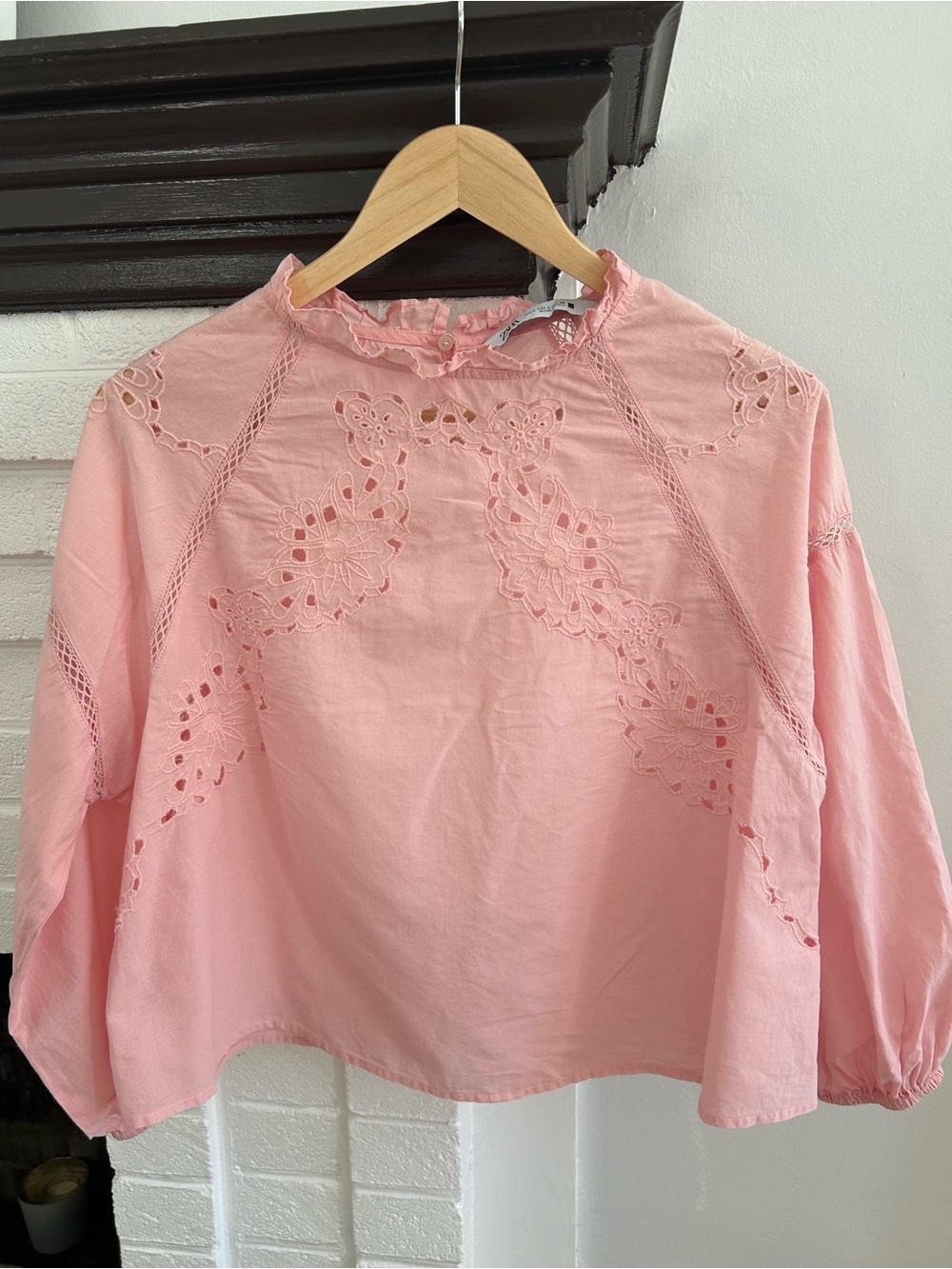 Zara Pink Eyelet Cropped Long-Sleeve Top Size L